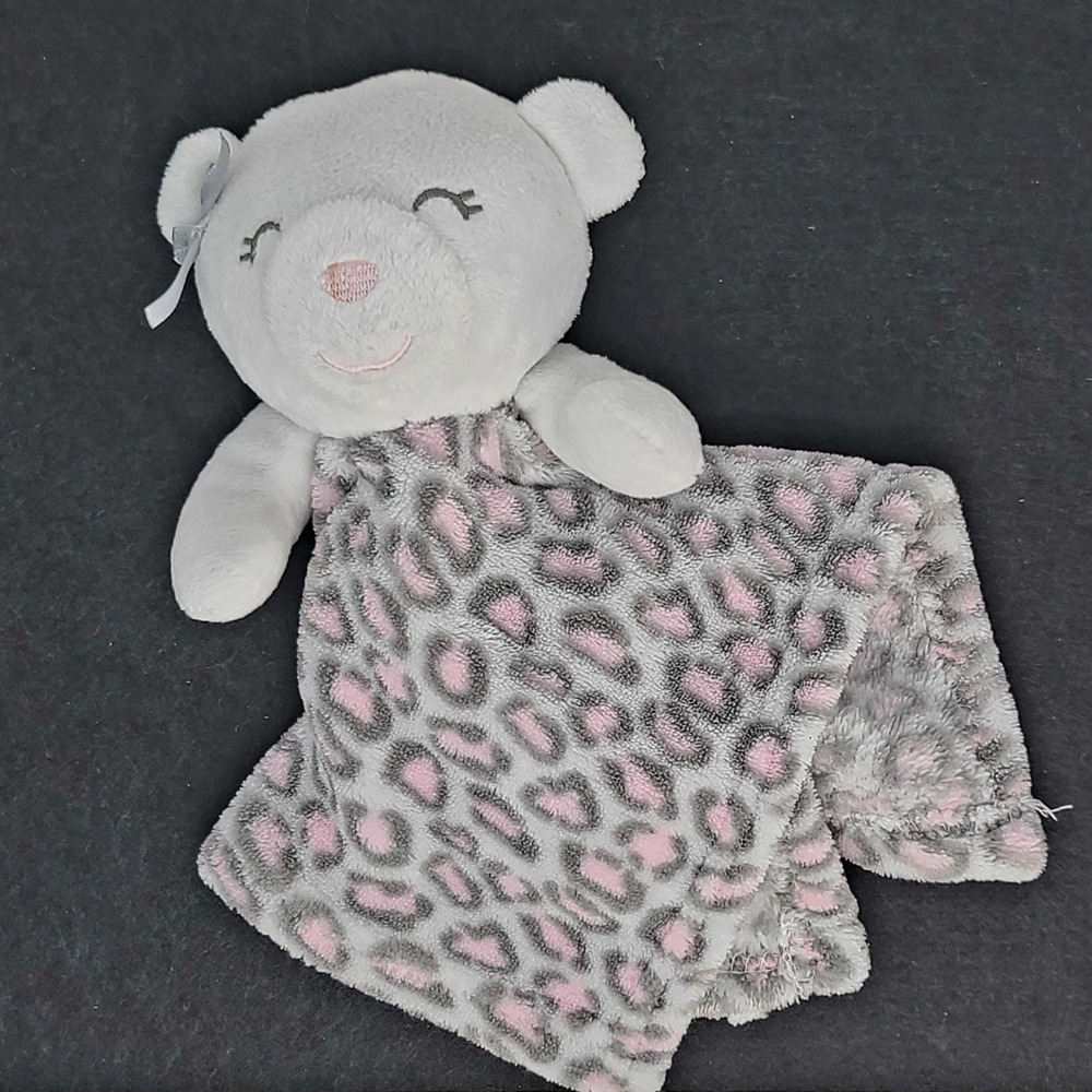 Bear Security Blanket Lovey Lovee Baby Pink Grey Leopard Print 12x12 Soft Good